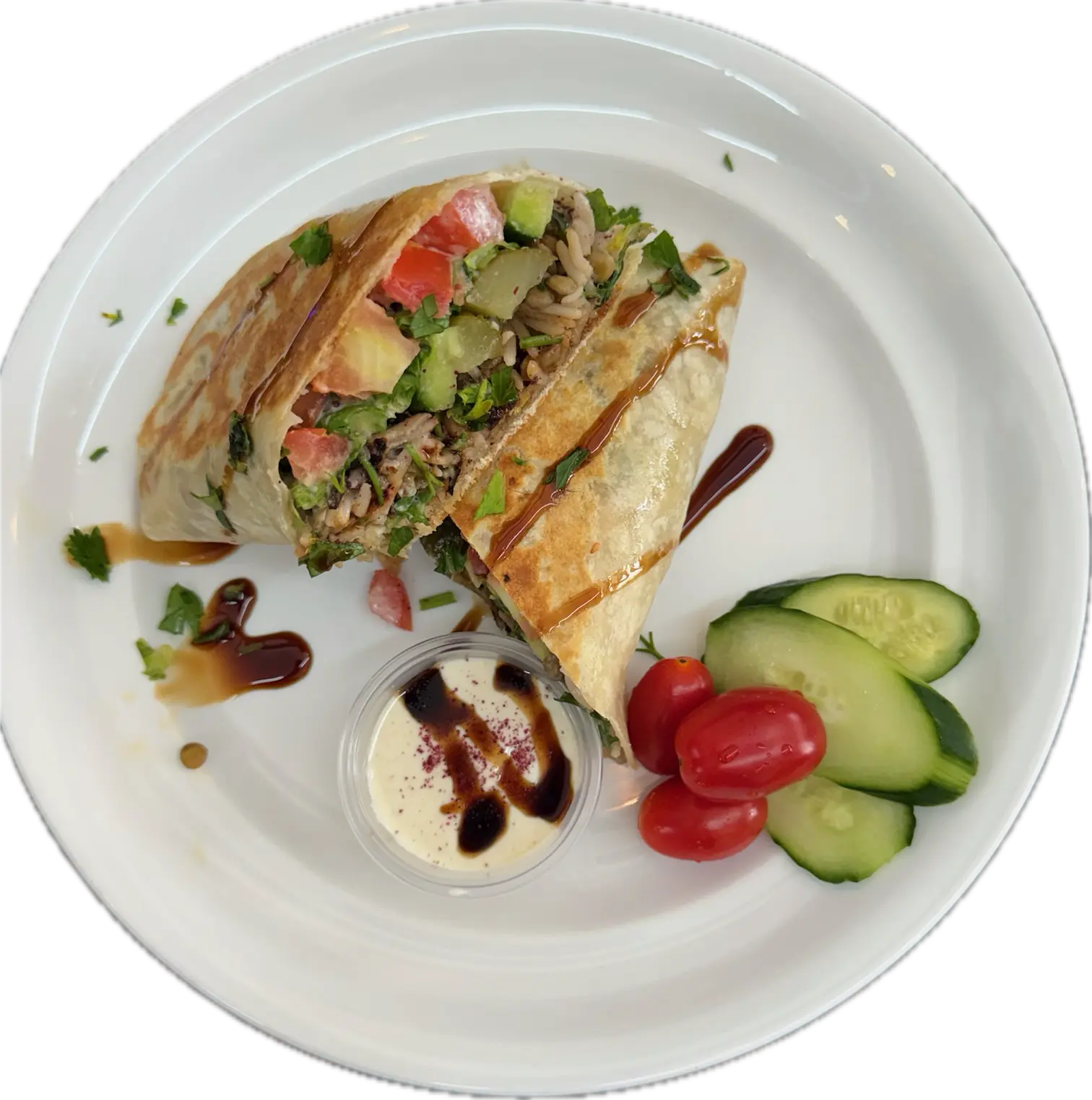 Kolaj Vegetarian - Brown lentils, rice, crispy onions, olive oil, labneh, pickled cucumbers, cumin, sumac, bread.